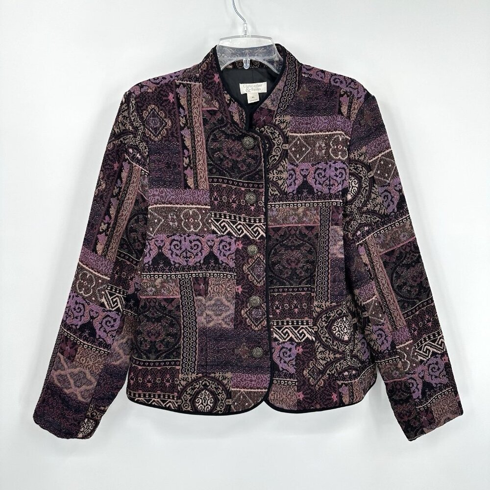 vintage BROCADE JACKET BLAZER purple XL asian inspired jacquard upholstry - Picture 2 of 8